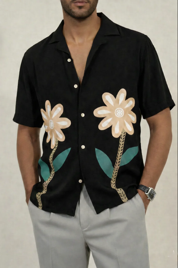 Cuban Floral Black Shirt