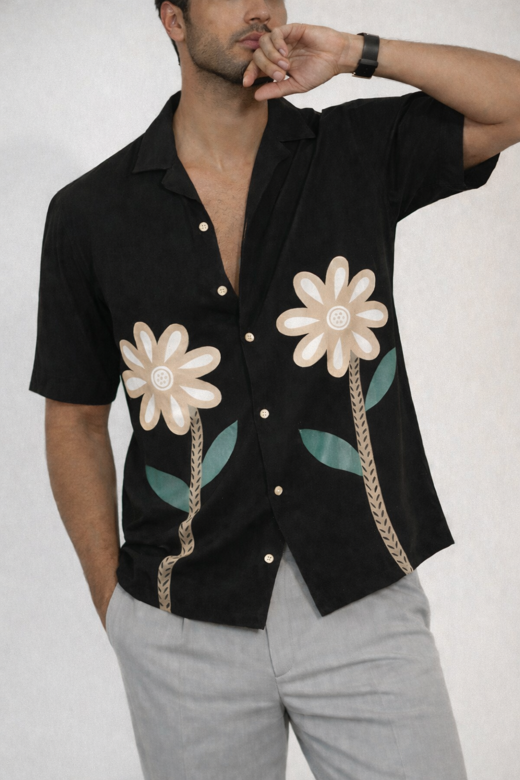 Cuban Floral Black Shirt